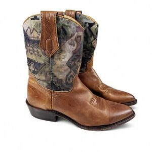 L.L. Bean Womens Cowboy Boots Size 7 Brown Leather Tapestry VTG Festival Rodeo‎